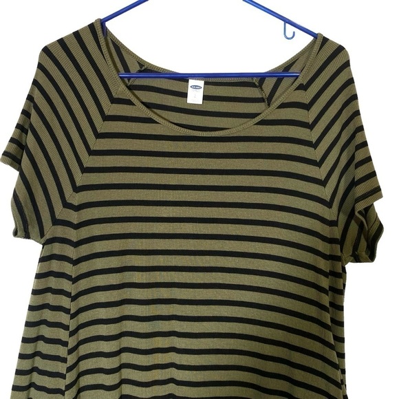Old Navy women size Large short sleeve olive green black knit stripe midi dress - Picture 2 of 6